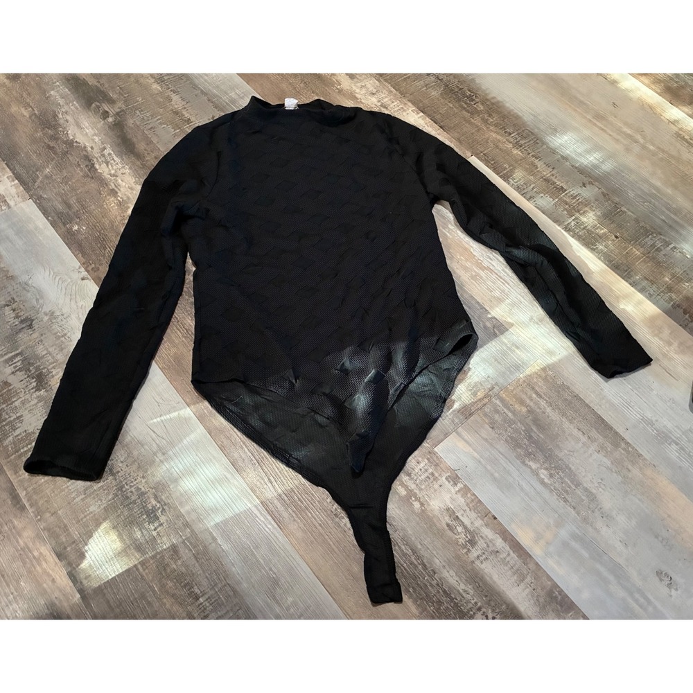 Fashion Nova Black Textured Diamond Mock Neck Long Sleeve Bodysuit Plus Size 1X